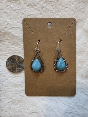 Turquoise Teardrop Dangle Earrings - Blue Stone and Silver Tone